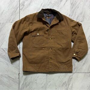 Vintage Carhartt Men's Brown and Tan blanket lines chore coat